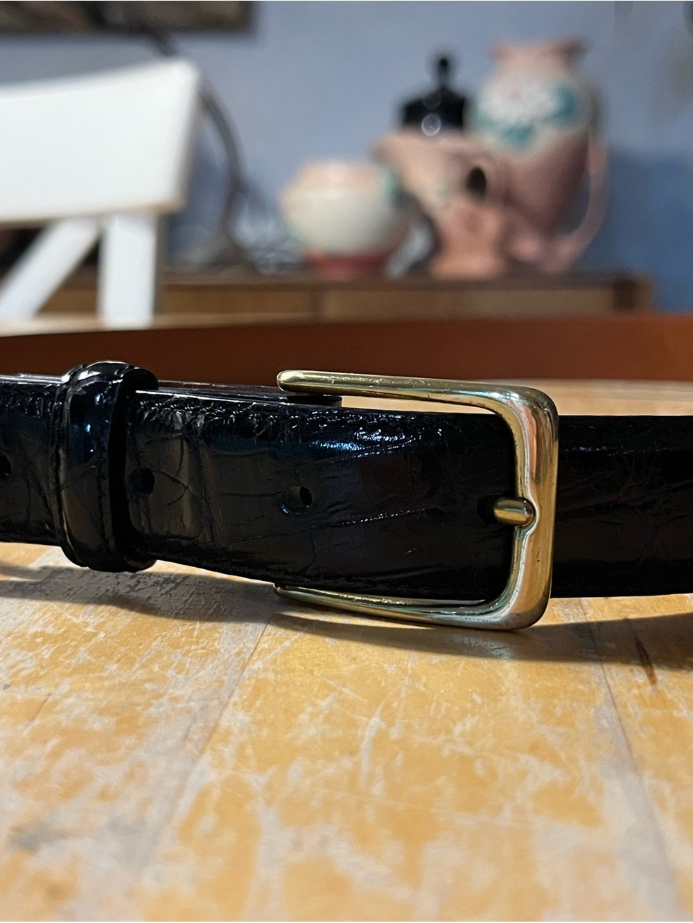 Brooks Brothers Black Croc-Embossed Leather Belt with Gold Buckle